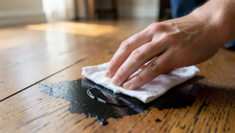 Cleaning a black stain on a hardwood floor plank with a baking soda paste