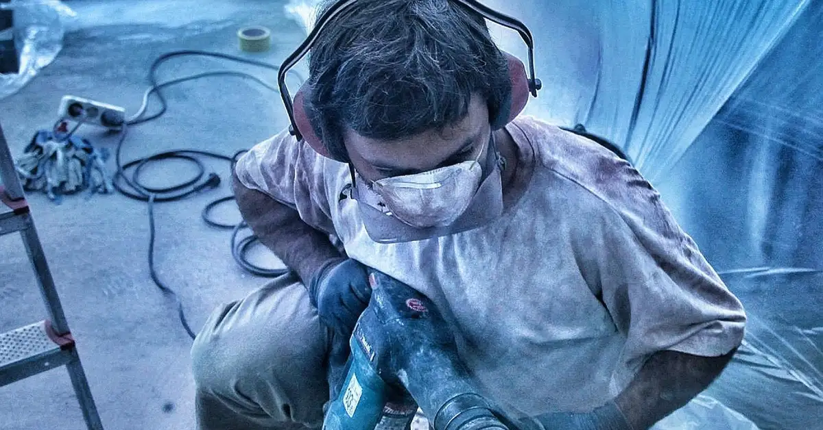 Worker in ear protection and dust mask using a corded hammer drill on a wall