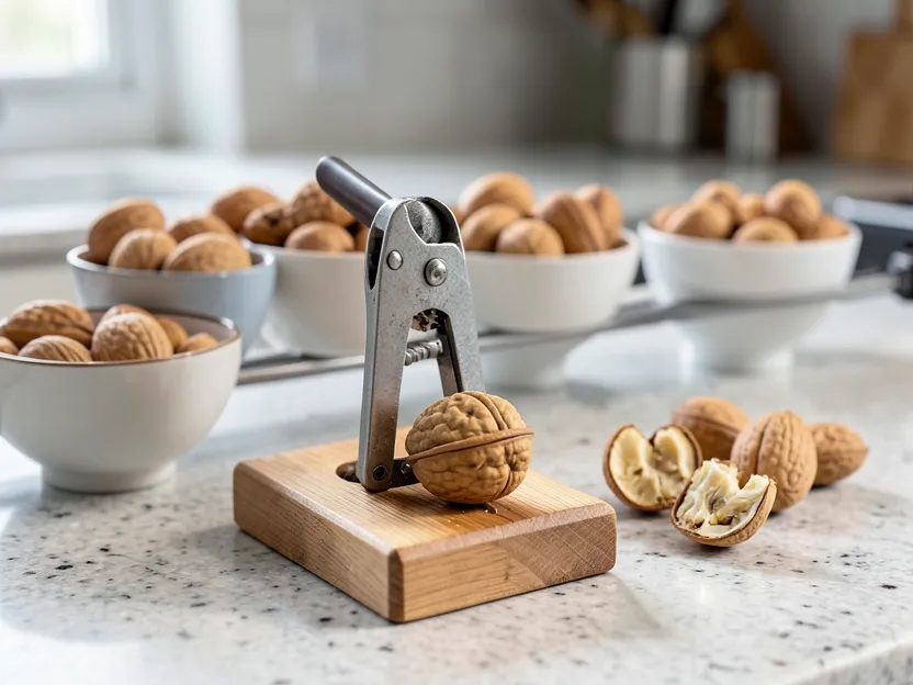 A desktop lever nutcracker cracking walnuts with an assembly line of bowls for bulk cracking