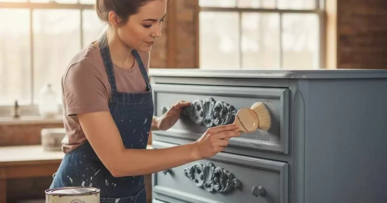 Woman buffing clear wax onto a blue chalk-painted dresser drawer with a wax brush