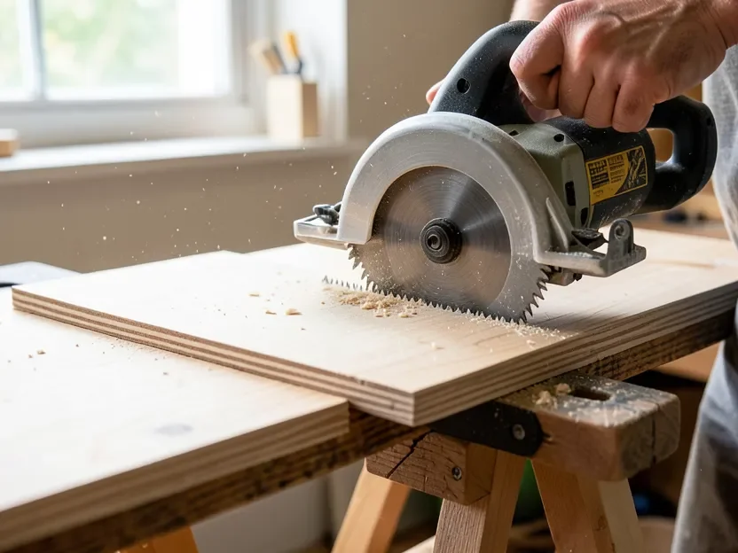 Circular saw with a fine-tooth blade cutting a clean edge through a sheet of plywood