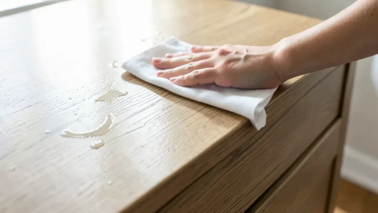 Wiping down a laminate wood-look furniture surface with a damp microfiber cloth