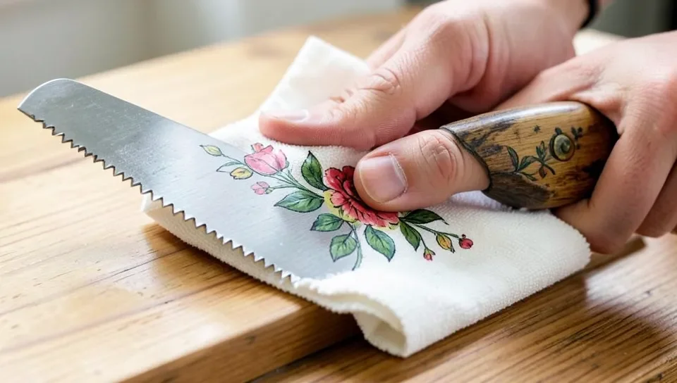 Wiping a painted decorative hand saw clean with a soft cloth