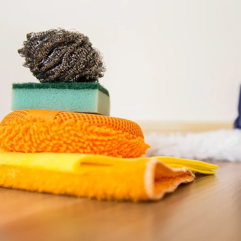 Cleaning supplies and cloth used for wiping down flooring