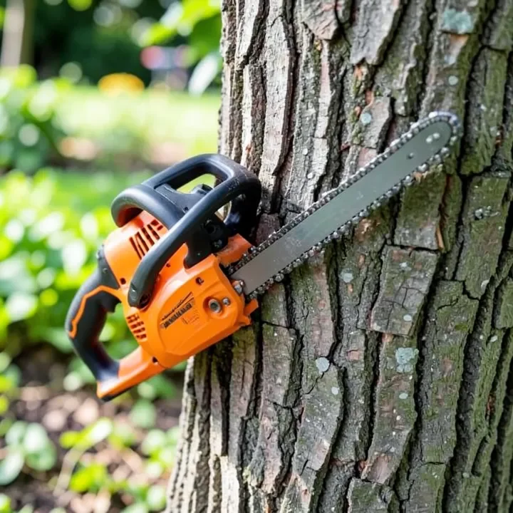 Cordless pole saw chain and motor head resting against a tree trunk