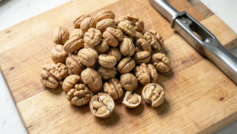Whole and cracked walnuts with a nutcracker on a wooden cutting board