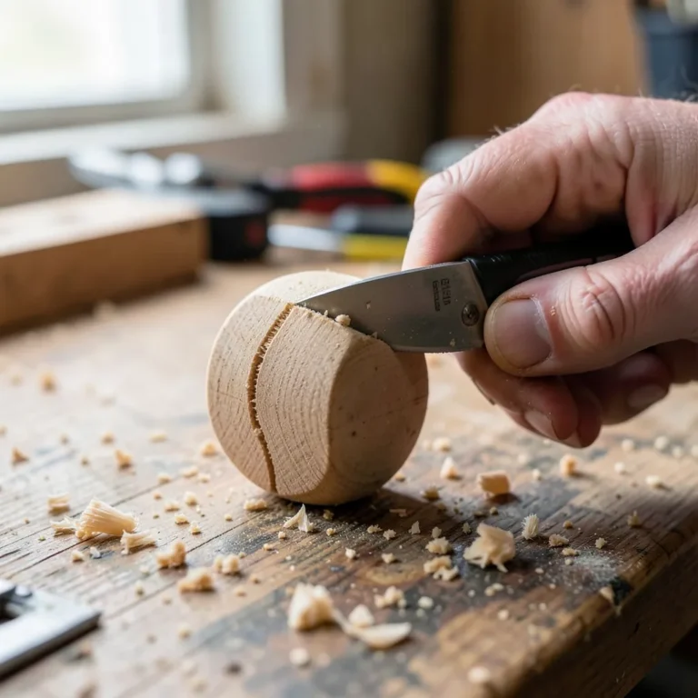 Scoring a wooden dowel rod with a utility knife before snapping it, no saw needed