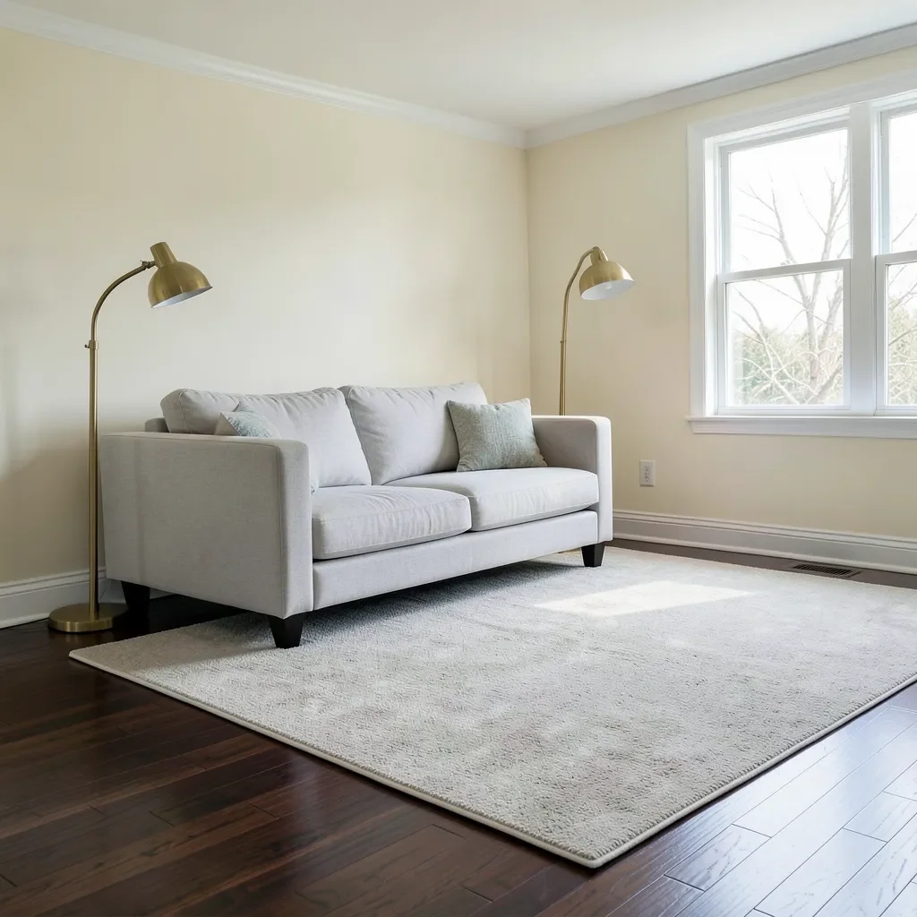 Living room with dark hardwood floors and light furniture