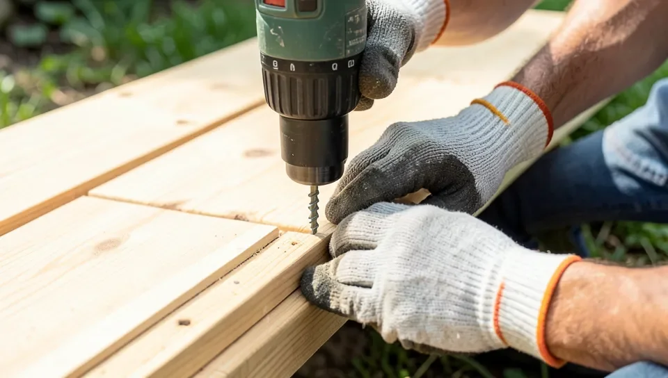 Carpenter driving a screw into a deck board during installation
