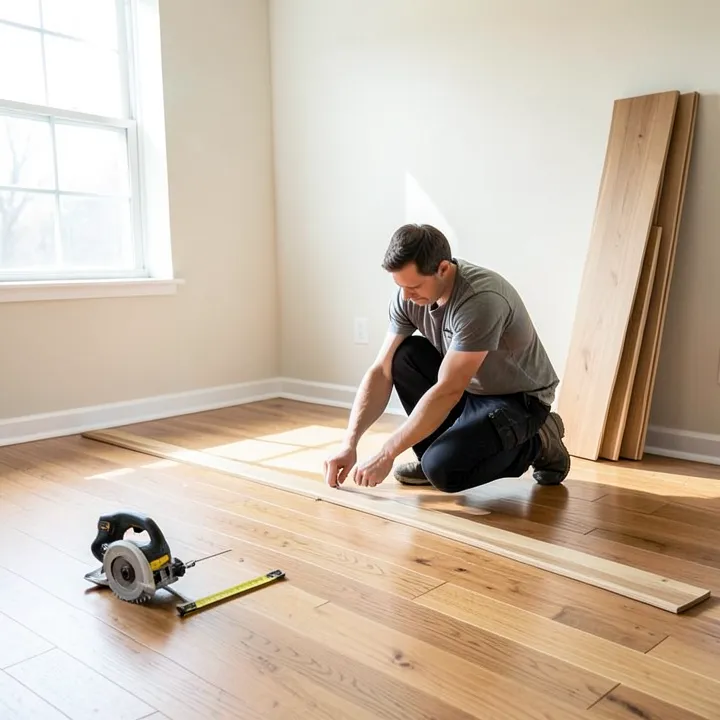 person installing engineered hardwood flooring planks in a sunlit empty room
