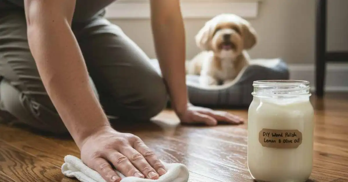Hand buffing a DIY hardwood floor polish of vinegar and olive oil into a wood floor
