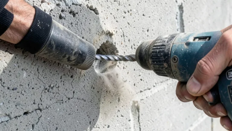Drilling into a concrete block wall with a masonry bit