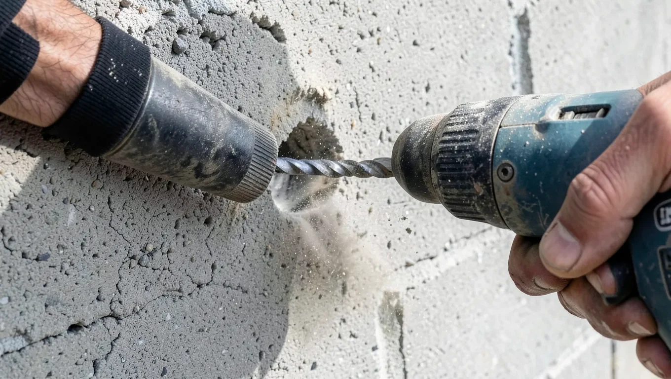 Drilling into a concrete block wall with a masonry bit