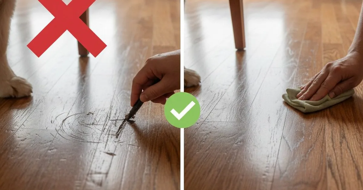 Before and after fixing a pet scratch on an engineered hardwood floor