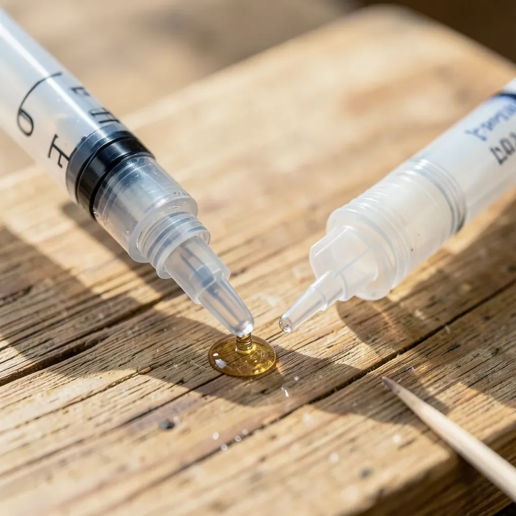 Two-part epoxy resin and hardener dispensed next to a mixing stick