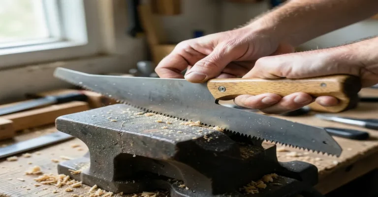 Sharpening a hand saw with a triangular file