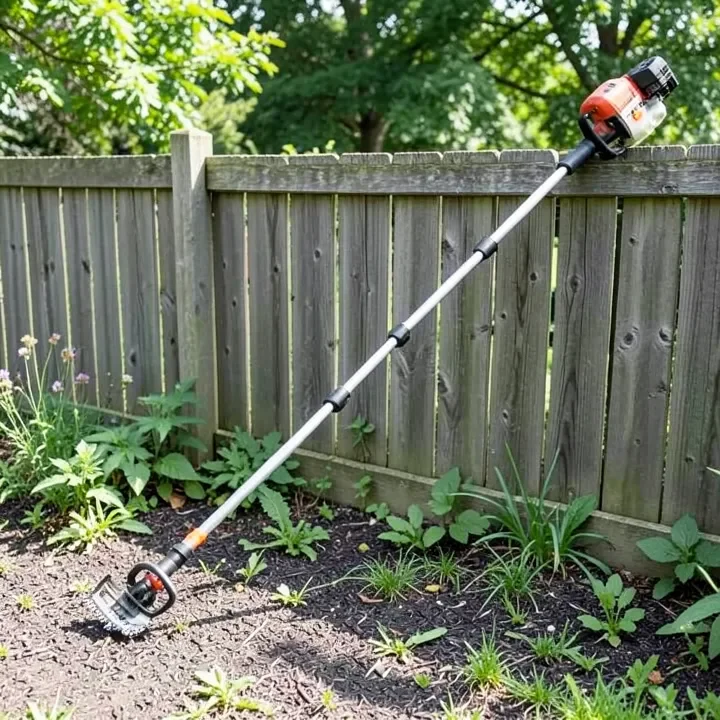 A gas-powered pole saw leaning against a fence next to a manual hand pole pruner