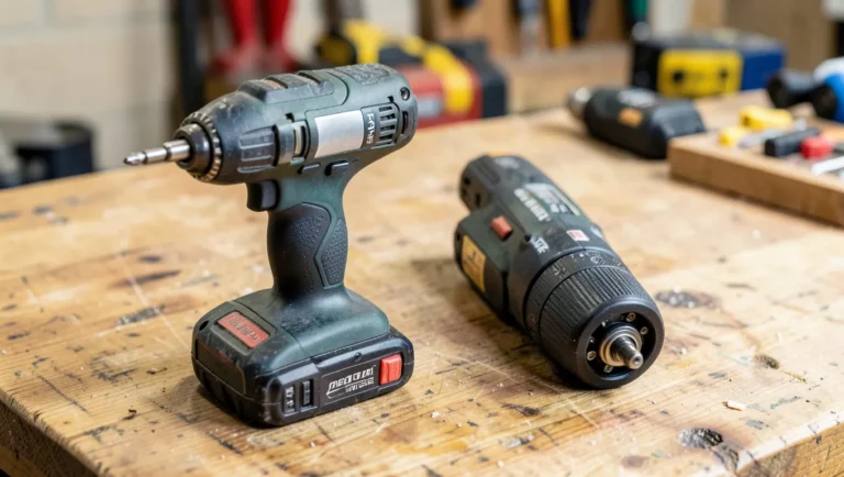 Cordless drill and compact impact driver side by side showing chuck size difference