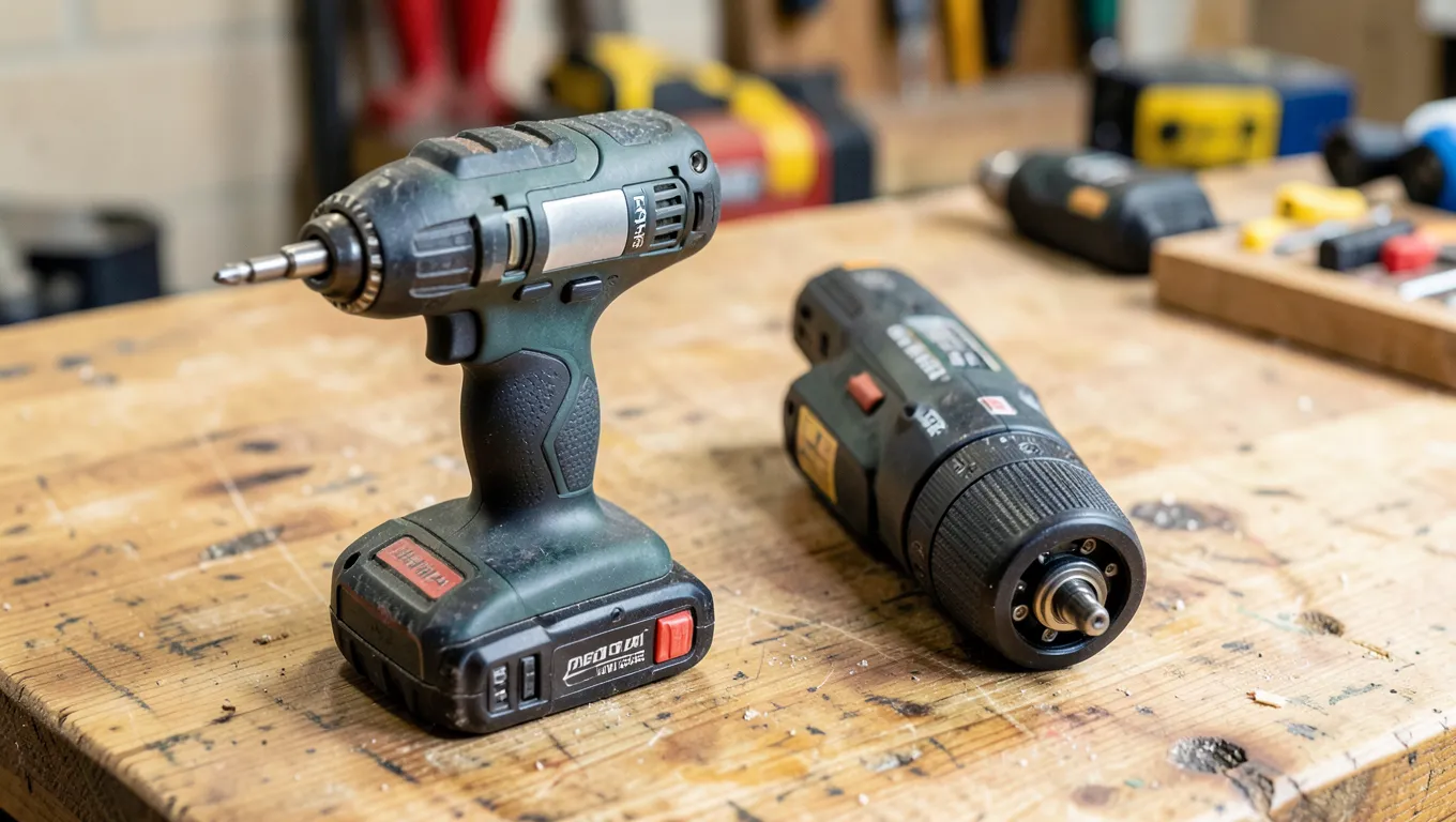 Cordless drill and compact impact driver side by side showing chuck size difference
