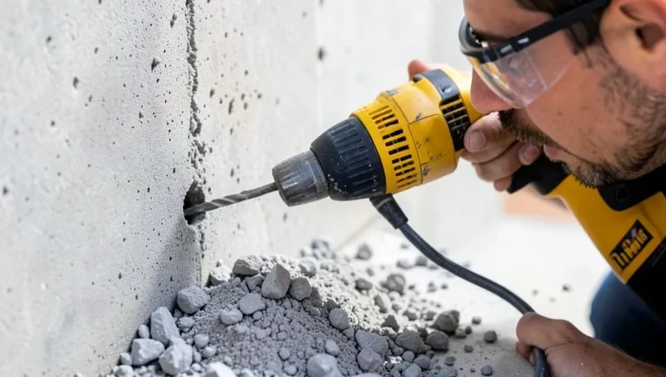 A hammer drill making a hole in concrete with dust clearing