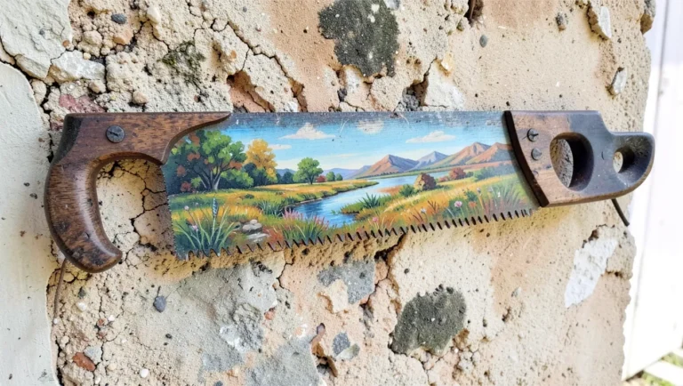 Hand-painted decorative saw with landscape design hanging on wall