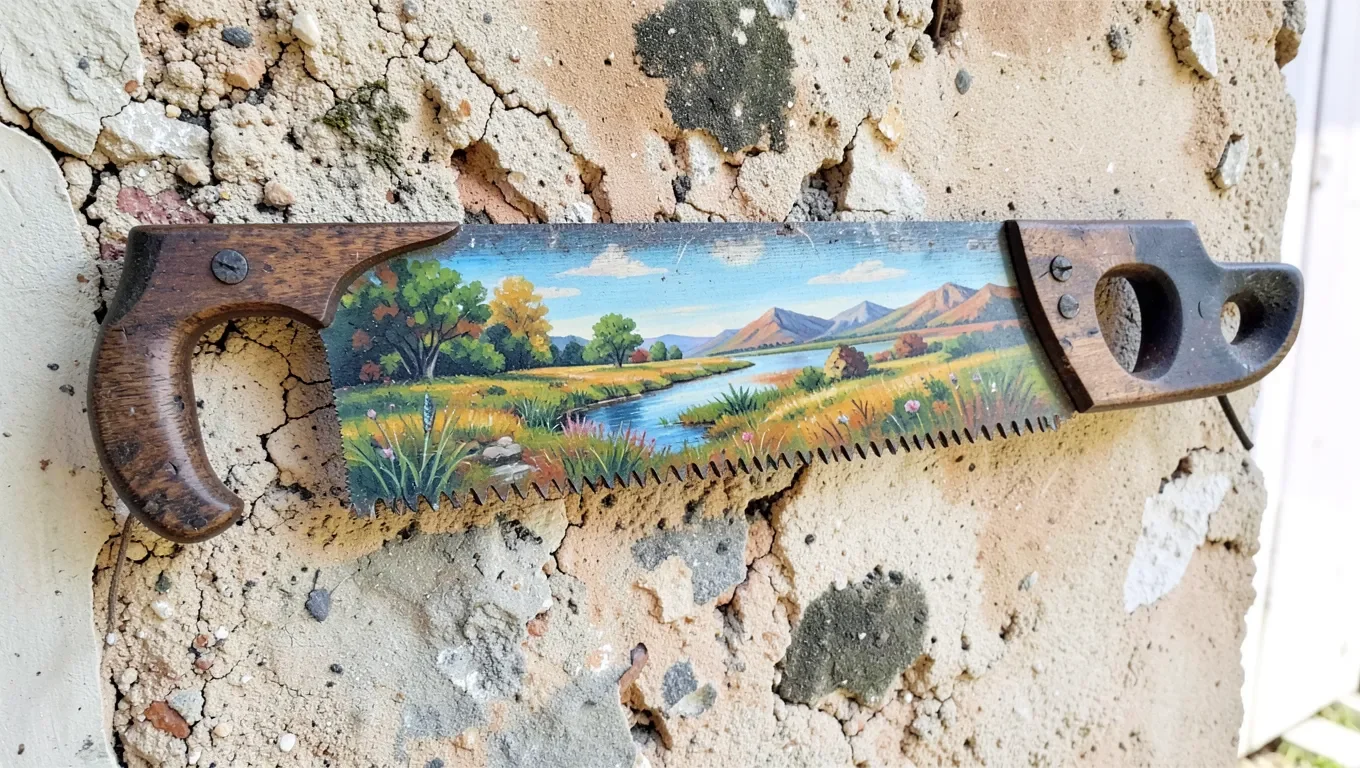 Hand-painted decorative saw with landscape design hanging on wall
