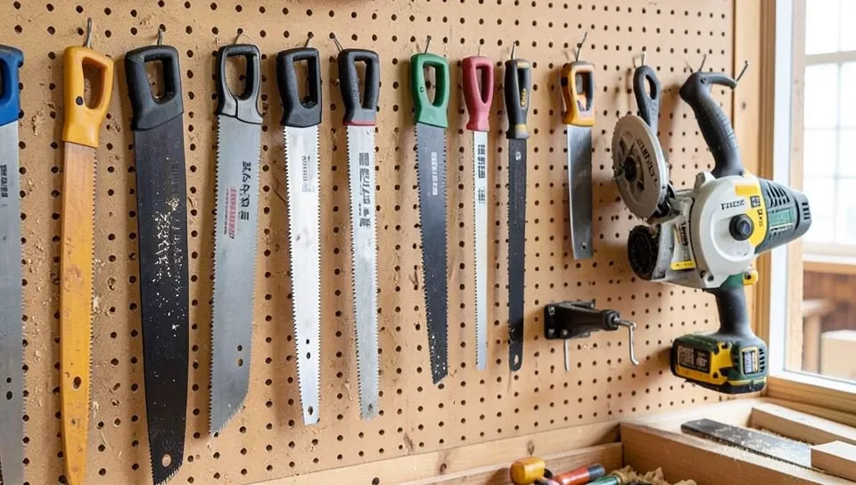 A selection of hand saws and a circular saw organized on a workshop pegboard