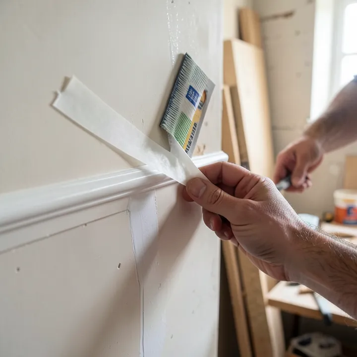 Pulling painter's tape at a 45-degree angle off fresh trim paint