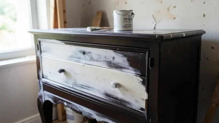 Dark wood dresser mid-whitewash with drawer front partly painted white