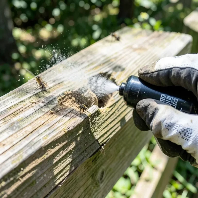 Spraying foaming insecticide into a carpenter bee hole drilled in a wood beam