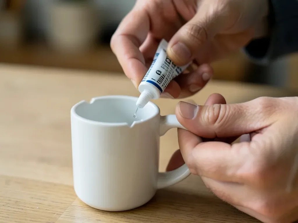 Applying super glue to repair a broken ceramic mug handle