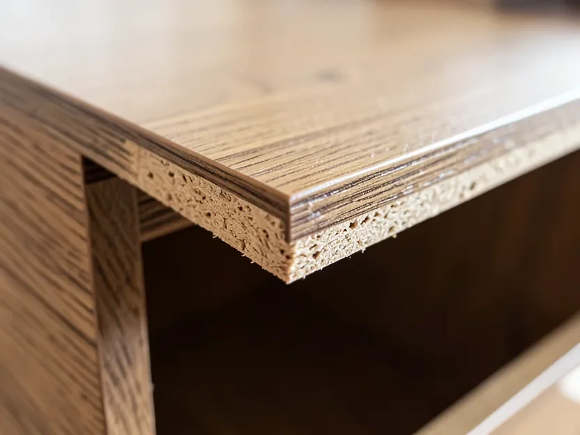 Close-up of a laminate furniture seam showing the wood-grain layer over the particleboard core