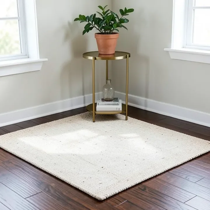Light-colored jute area rug on a dark hardwood floor with gold side table accents
