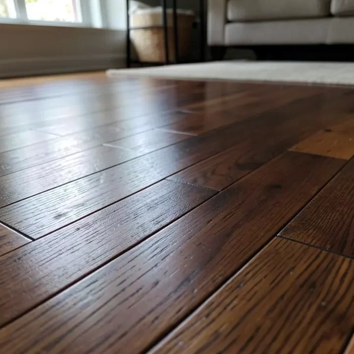 Mixed-width dark hardwood floor planks in a living room
