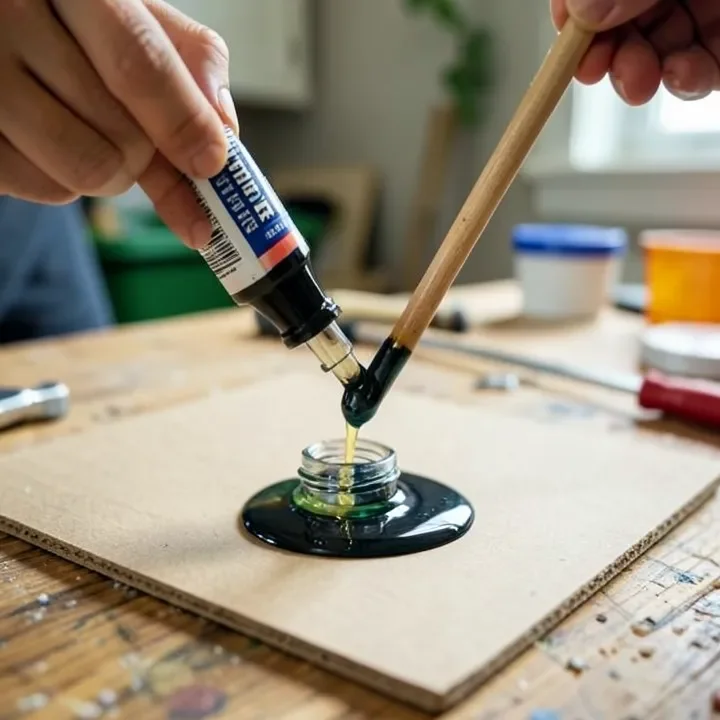 Mixing two-part epoxy resin and hardener with a wooden stick before the pot life runs out