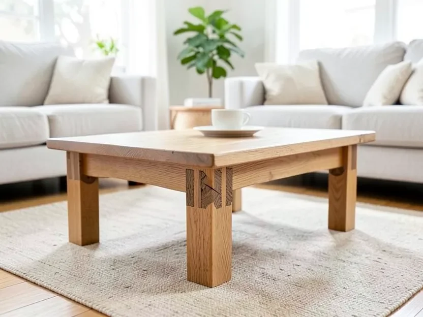 Handcrafted oak coffee table with visible mortise and tenon joinery at the leg to apron connection