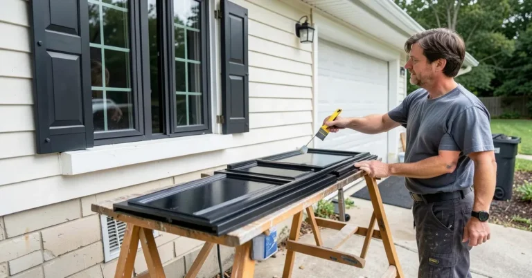 Person painting exterior window shutters laid flat on sawhorses