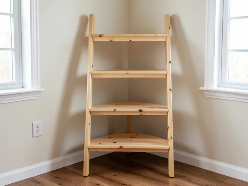 Handmade pine ladder-style bookshelf built with pocket-hole joinery