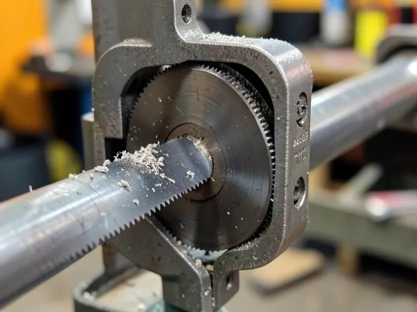 Close-up of a portable band saw blade loop and pulley wheel cutting metal conduit