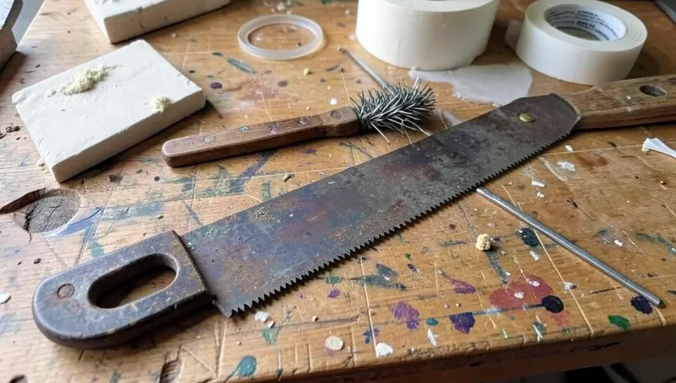 Old hand saw being prepped for painting with sandpaper and wire brush