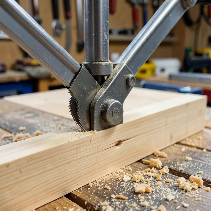 Close-up of a radial arm saw blade pulled forward over a board mid-crosscut