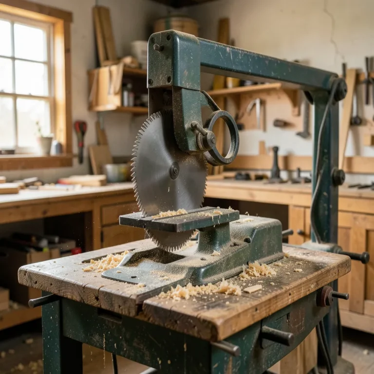 A radial arm saw in a home woodworking shop with its blade mounted on an overhead arm