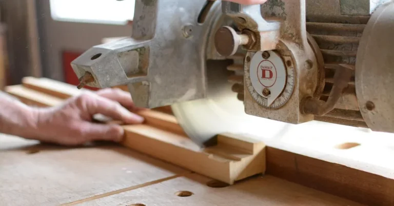 Vintage radial arm saw trimming a length of molded wood trim on a workshop table