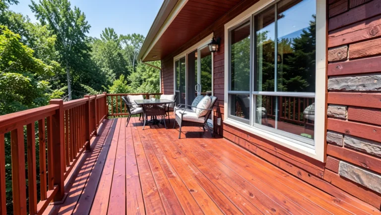 Redwood deck attached to a house showing the natural reddish-brown wood tone
