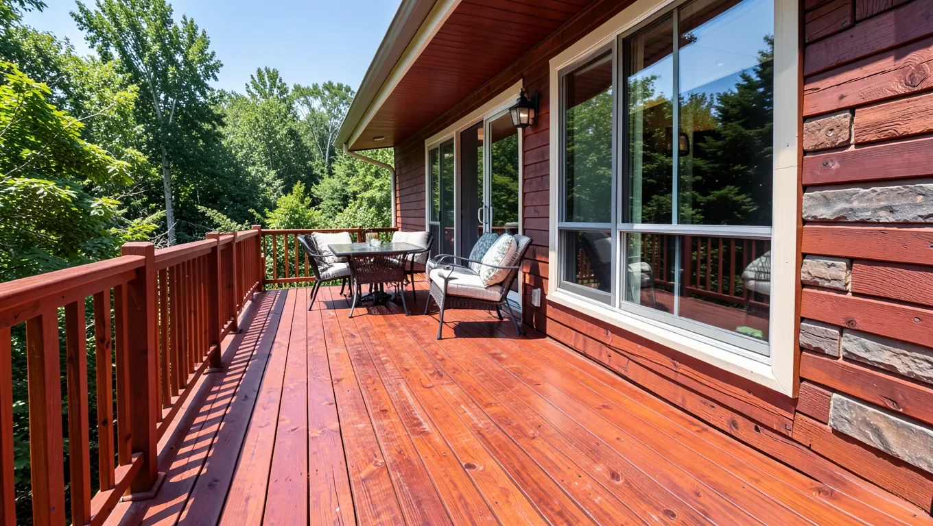 Redwood deck attached to a house showing the natural reddish-brown wood tone