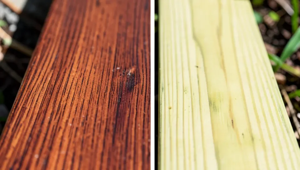 Close-up comparison of a redwood deck board next to a pressure-treated pine deck board