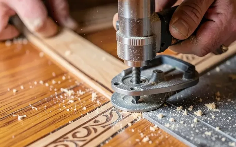 Routing a decorative wood inlay border into a hardwood floor with a flush trim bit