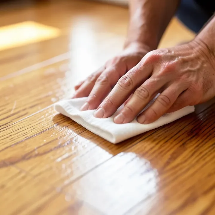 hands buffing a hardwood floor with a soft cloth after cleaning