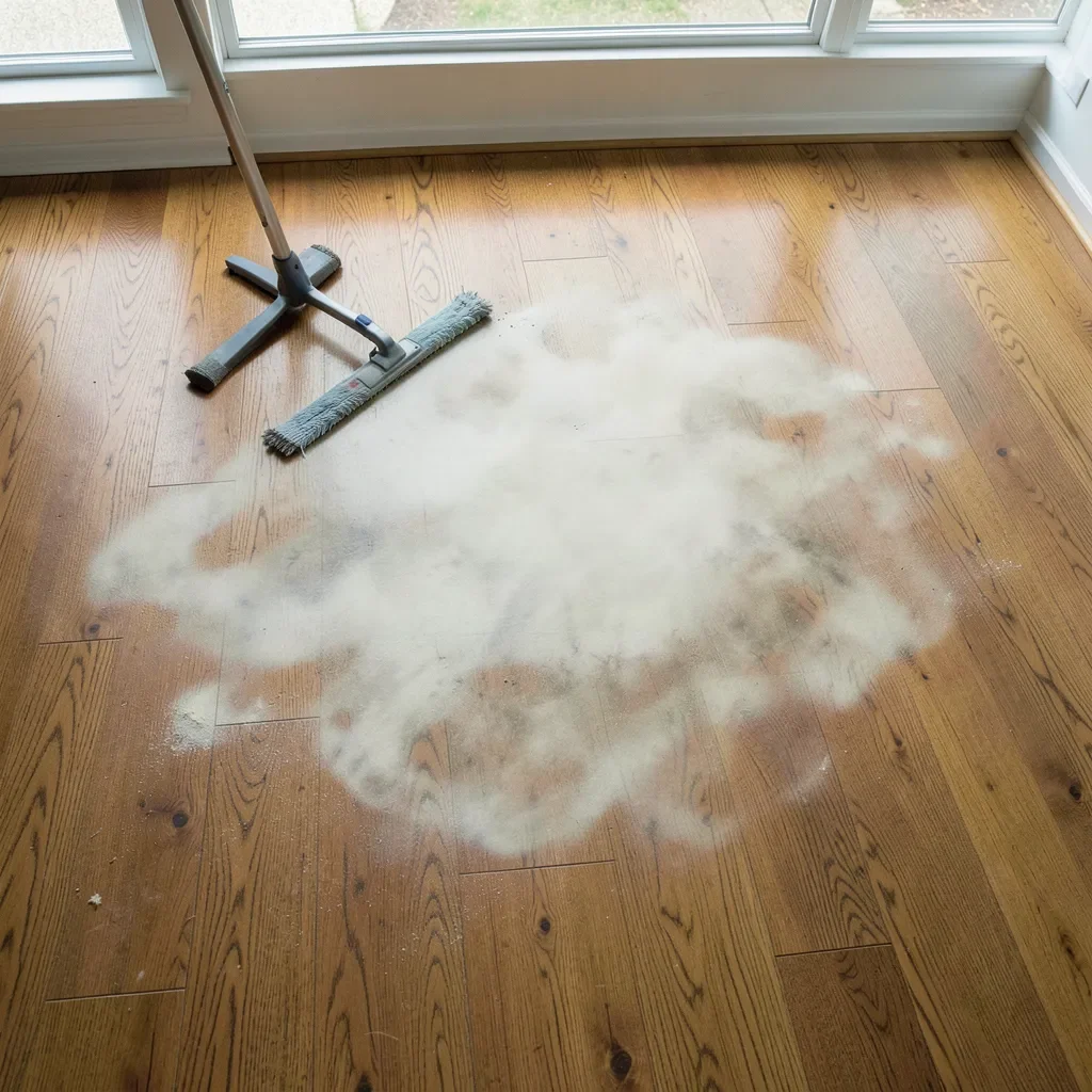 Dull hazy soap residue patch on a hardwood floor after mopping