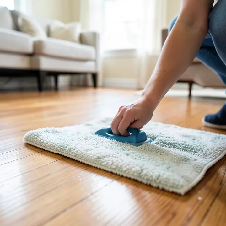 damp microfiber mop cleaning a hardwood floor in a living room